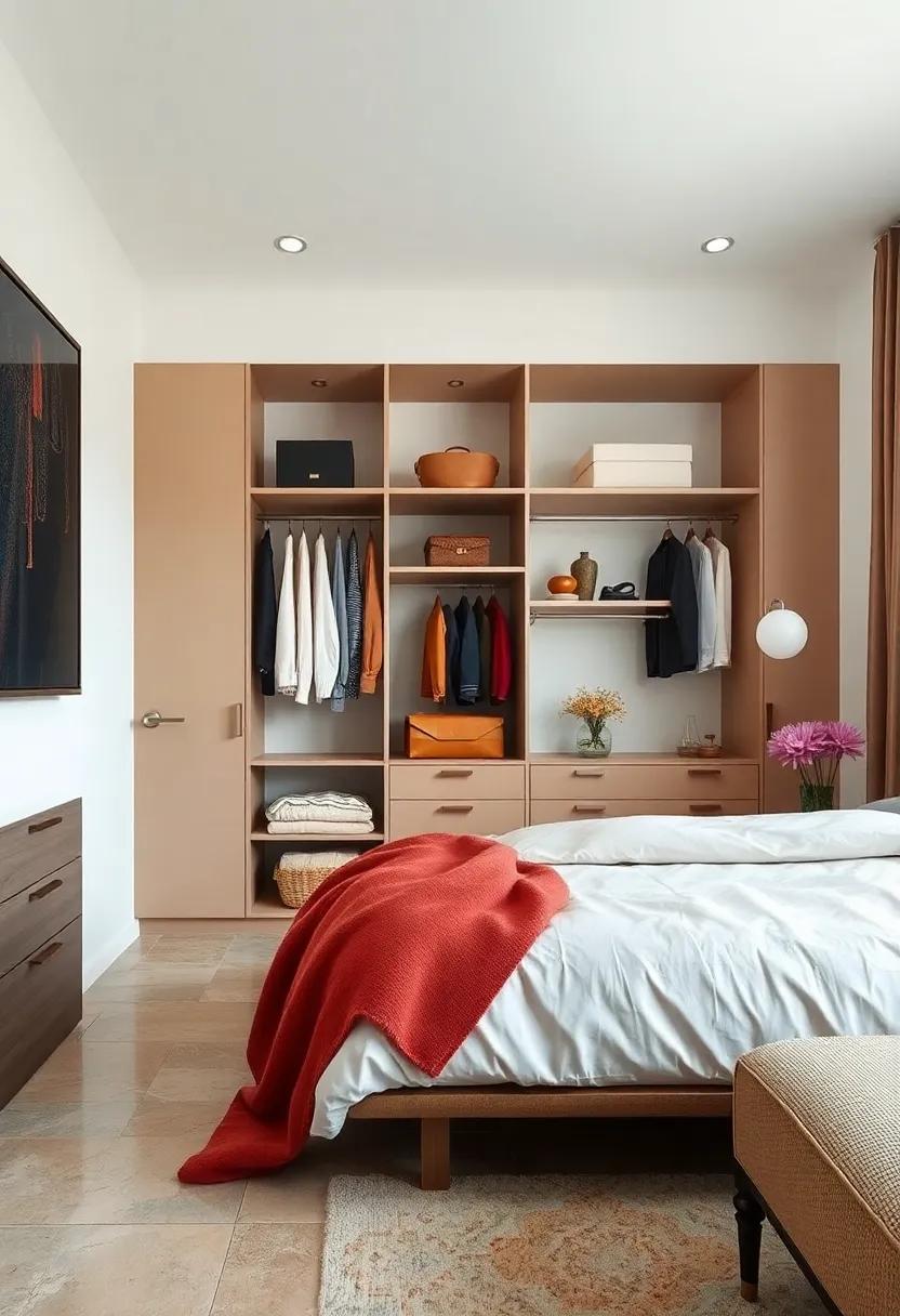 Create themed sections in your open closet, organizing by color or style, which can make daily outfit choices feel like a curated experience