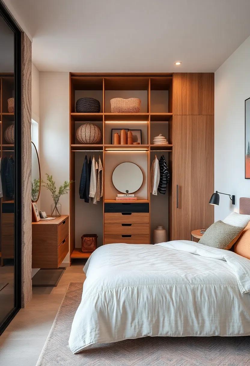 Play with textures by mixing wire, wood, and fabric in your open closet design to create an interesting visual contrast that catches the eye