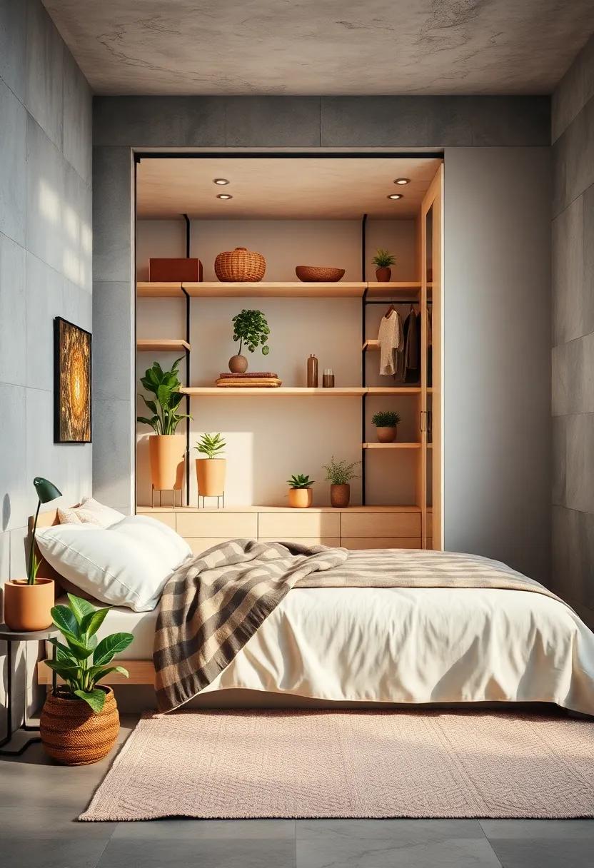 Incorporate plants into your open closet system for a touch of nature, bringing freshness and life to the room while softening the overall look
