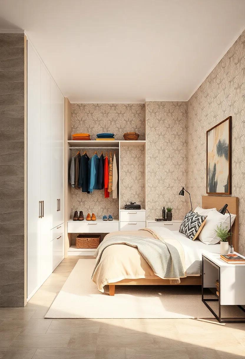 Use bold or patterned wallpaper as a backdrop for your open closet,adding character and making your clothes pop as a focal point