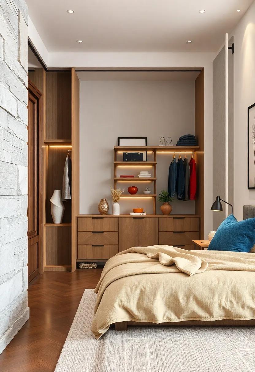 Strategically use sculptures or striking decor pieces around your open closet to elevate the space,making it more than just a functional area