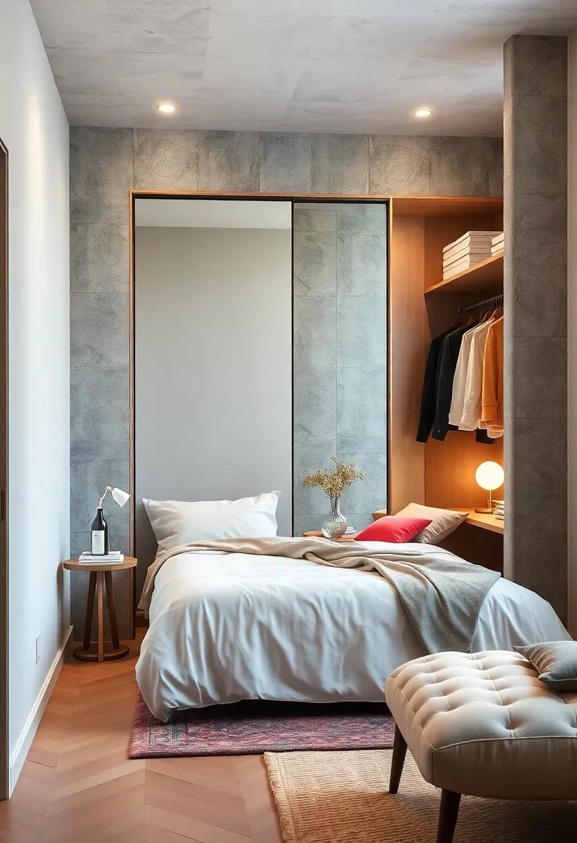 Hang a large mirror adjacent to your open closet to create the illusion of more space while providing functionality for getting dressed