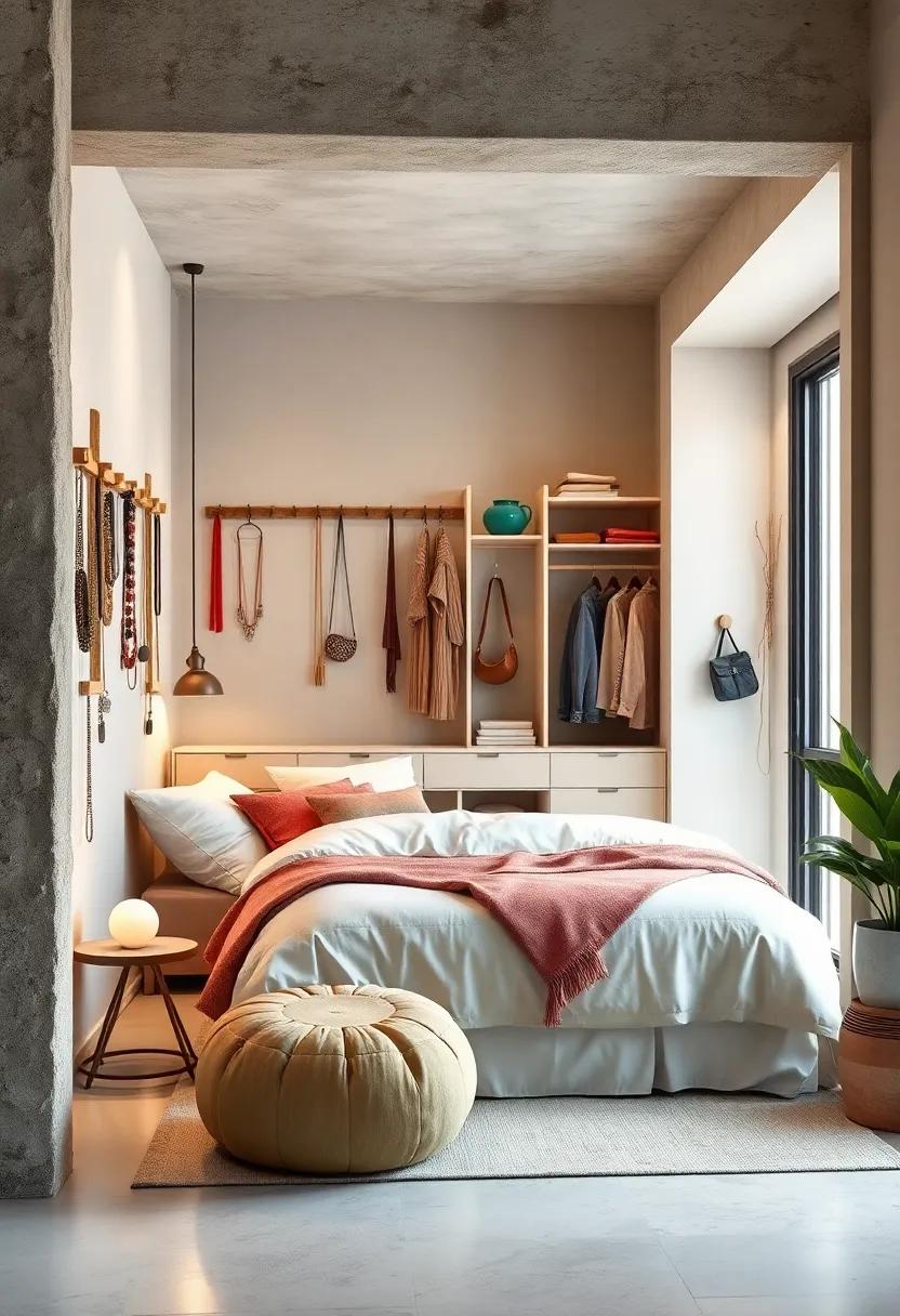 Hang jewelry and accessories on decorative hooks or ladders near your open closet for easy access and an artistic display