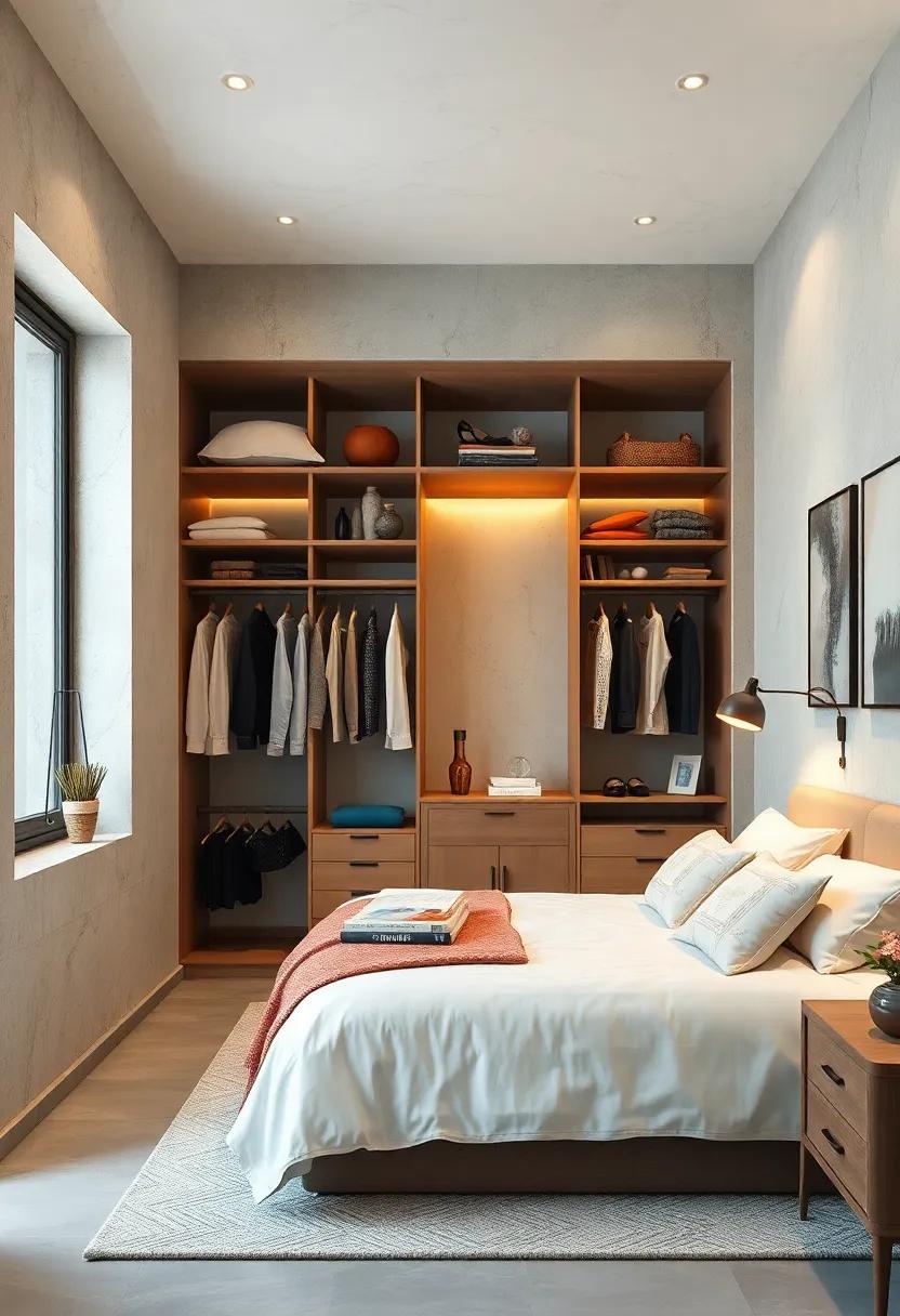 Introduce layered lighting with pendant lights or spotlights above the open closet, adding brightness and enhancing your clothing display