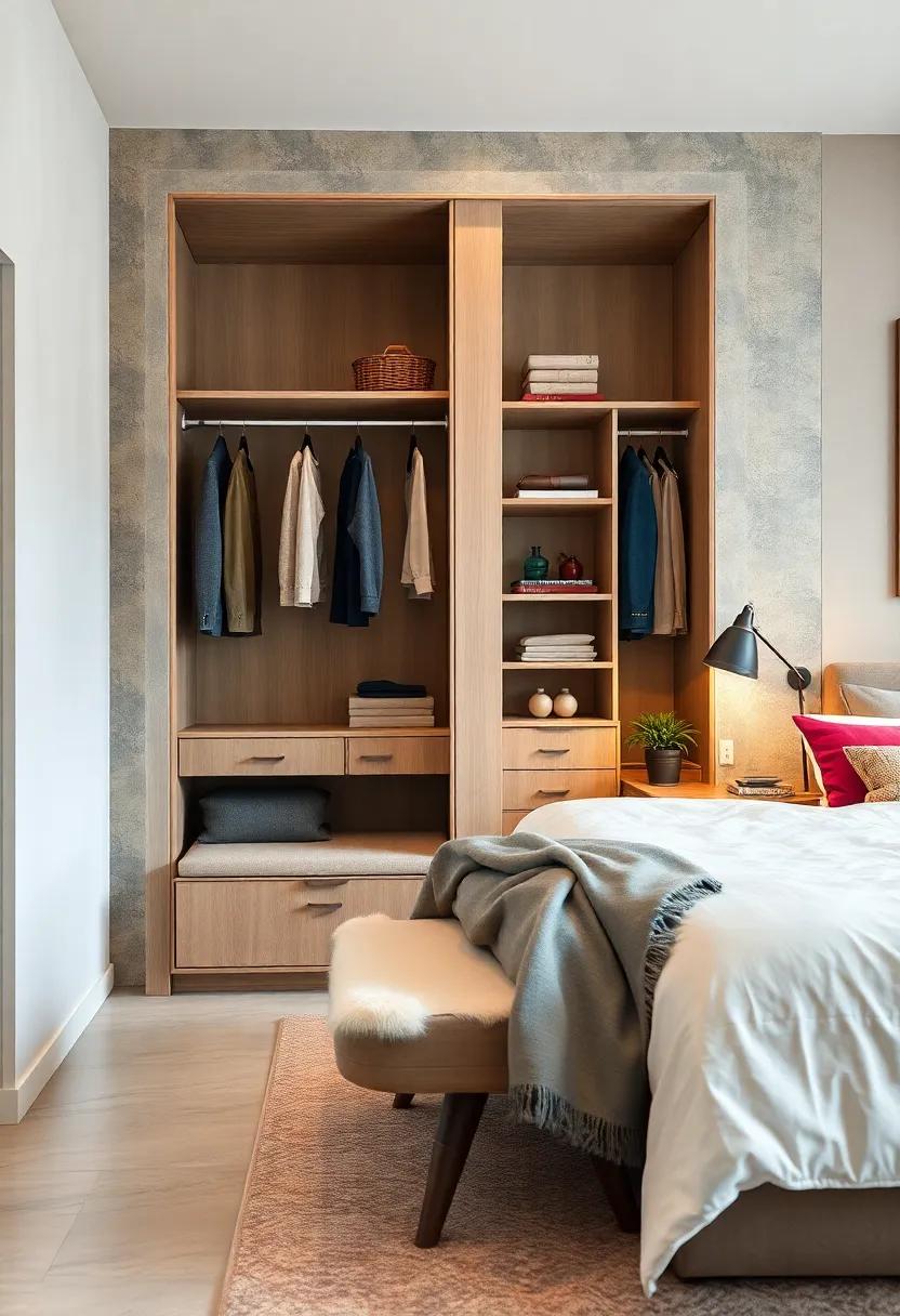 Use multifunctional furniture, like a bench with storage, adjacent to your open closet, providing both seating and a place to put on shoes
