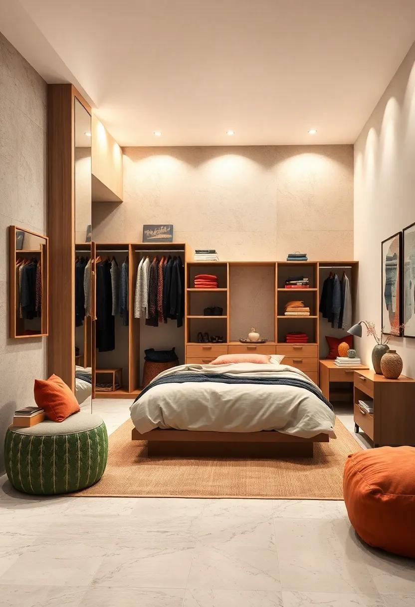 Implement a dual-purpose island in the center of your room; it can double as a storage unit and a space for laying out outfits