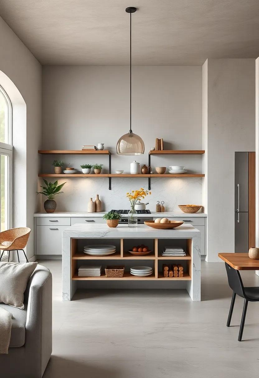 Open Shelving: Discover islands with open shelving that maximize storage while displaying beautiful dishware,plants,or cookbooks,striking a balance between aesthetics and utility
