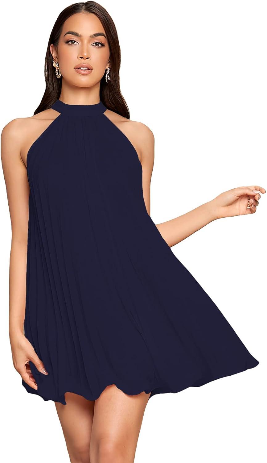 Flowing Elegance in Dark Blue: Exploring the Pleated Halter Dress