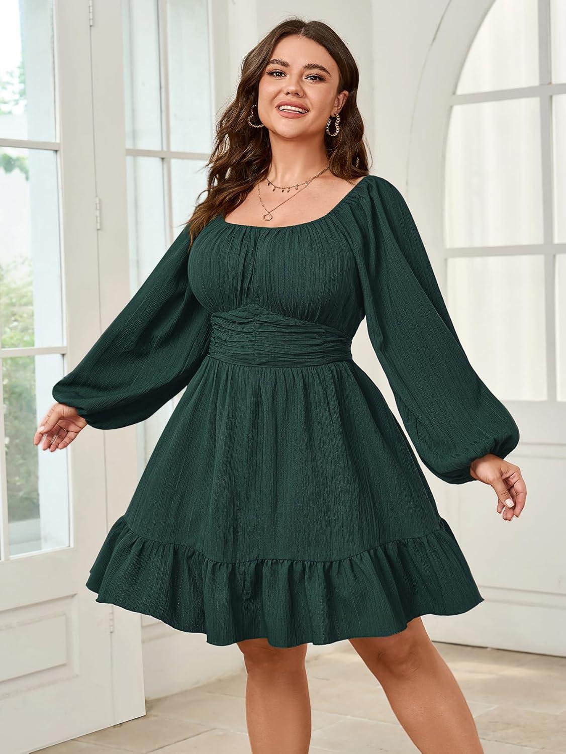 Flowy Plus Size Mini Dress: lantern Sleeves & Ruched Charm
