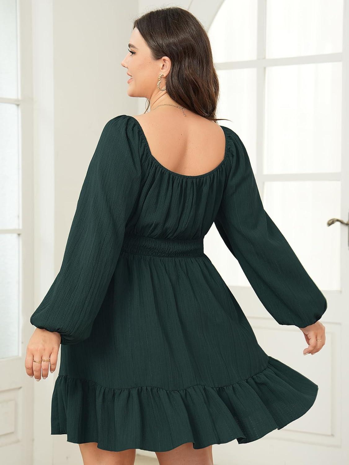 flowy Plus Size Mini ​Dress: Lantern Sleeves & Ruched Charm