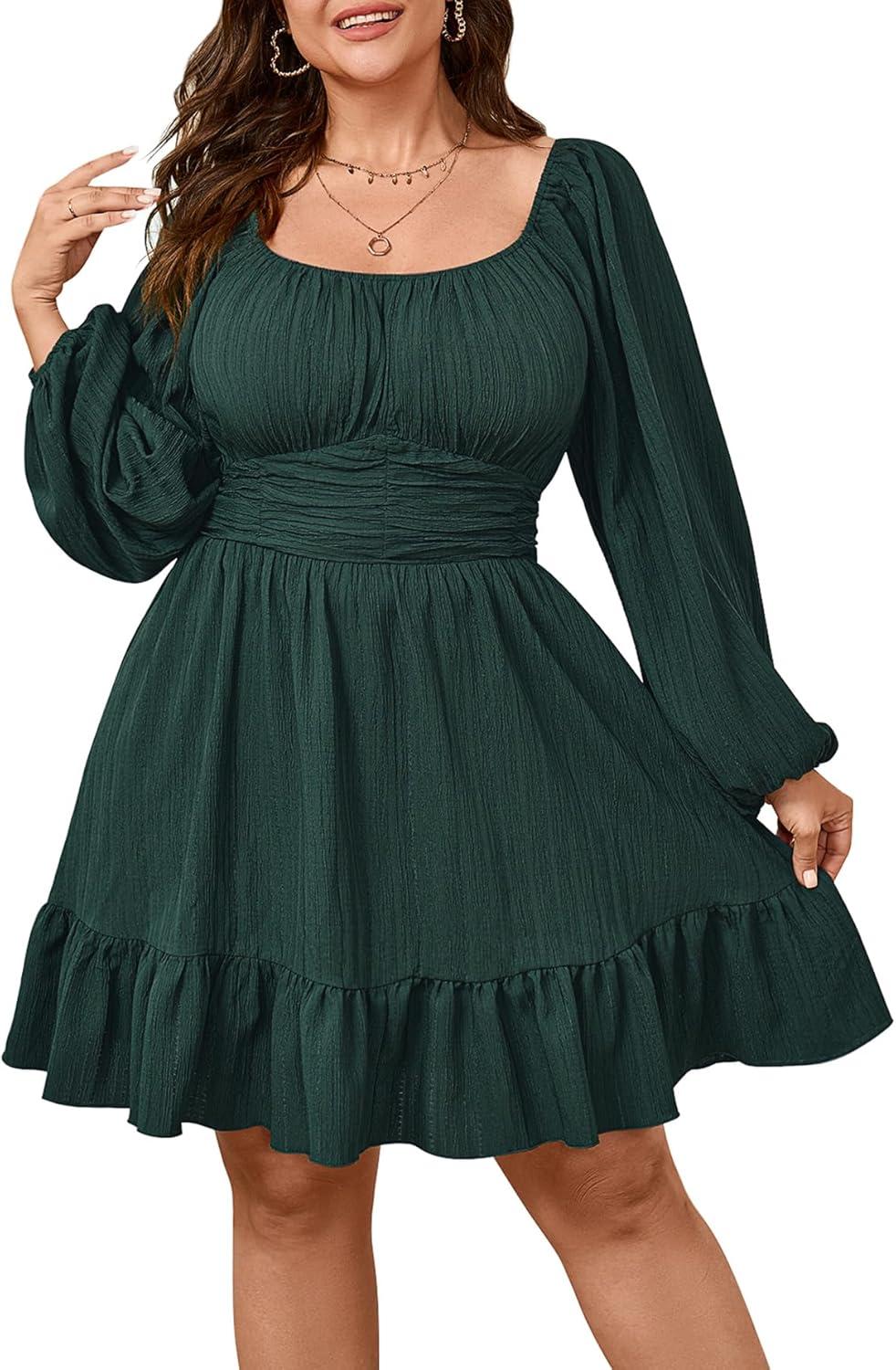 Flowy Plus Size Mini Dress: Lantern Sleeves & Ruched Charm