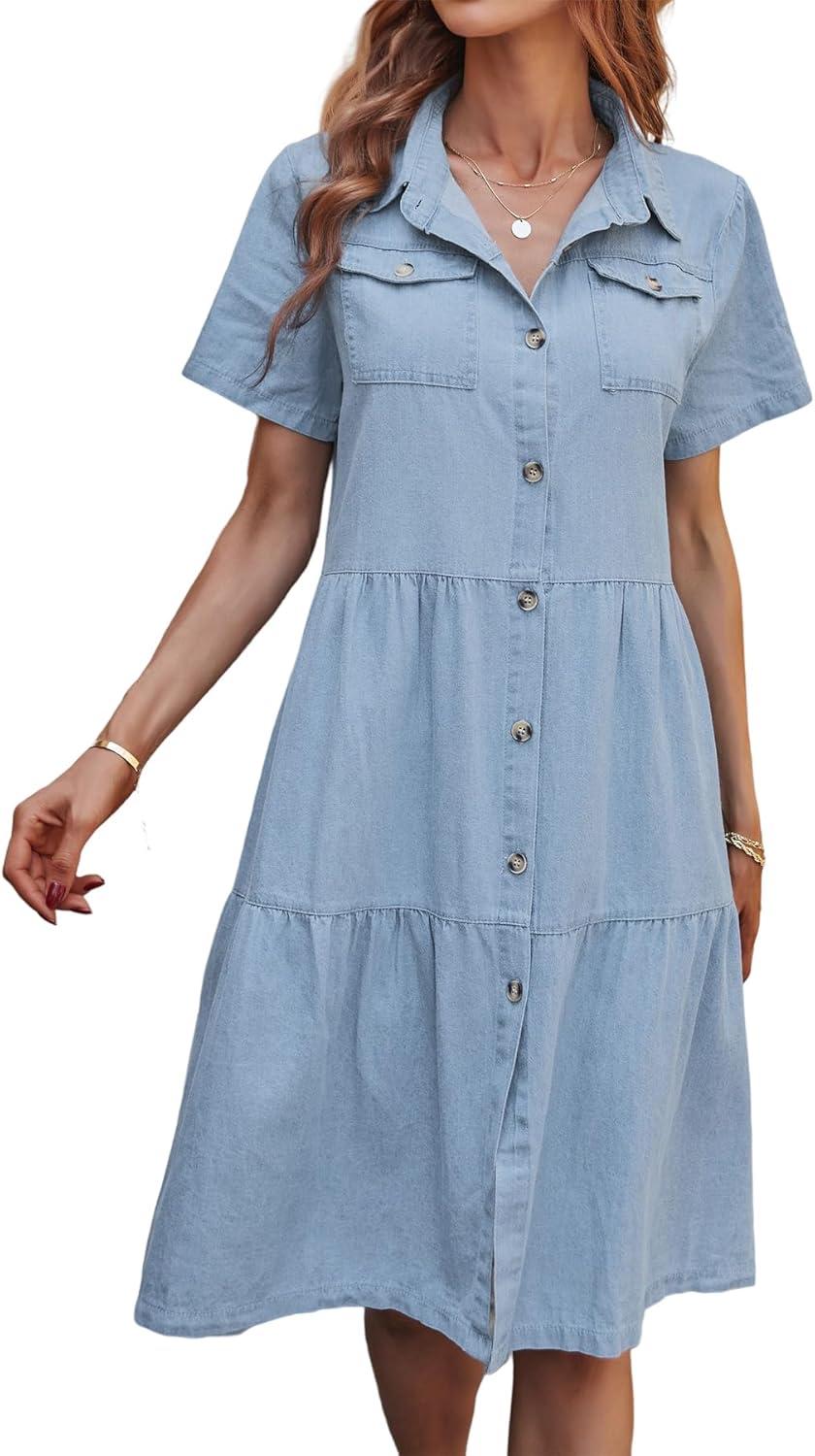 Effortless Style‌ in PORRCEY's Casual Denim Babydoll Dress
