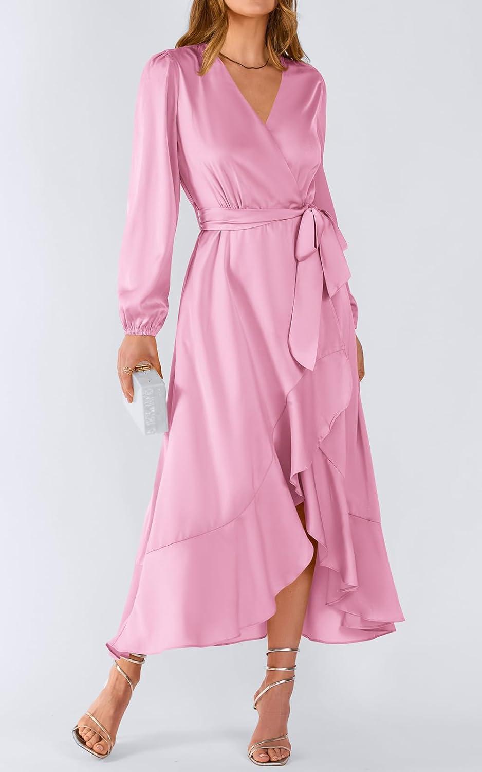 Flowy Satin Wrap Maxi Dress Perfect for Spring & Fall Events