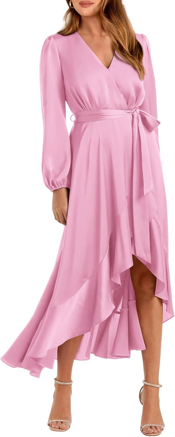 Flowy Satin Wrap Maxi Dress Perfect for Spring & ⁣Fall Events