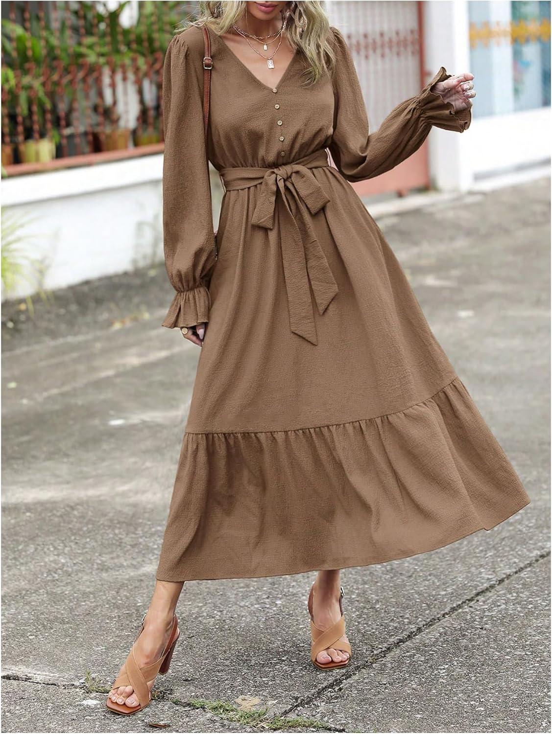 MakeMeChic Women's V Neck Flounce Maxi Dress, as you wear