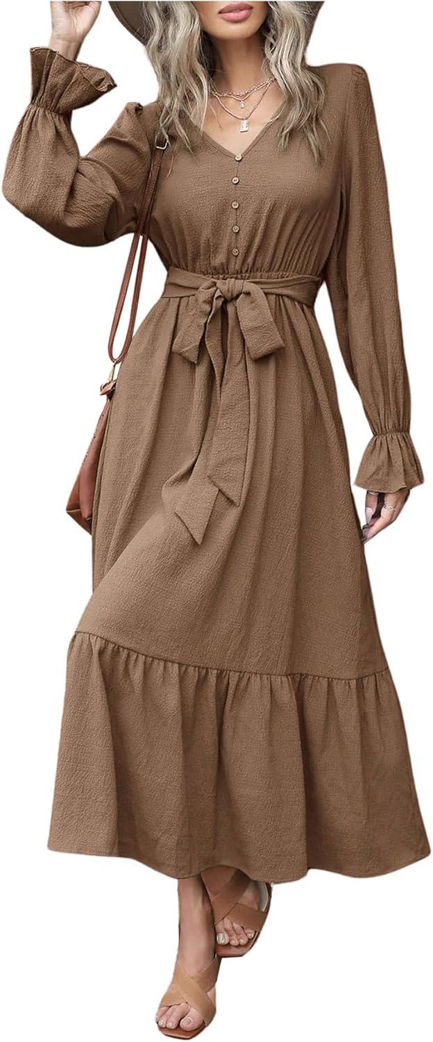 MakeMeChic Women's V Neck Flounce Maxi Dress, as you wear