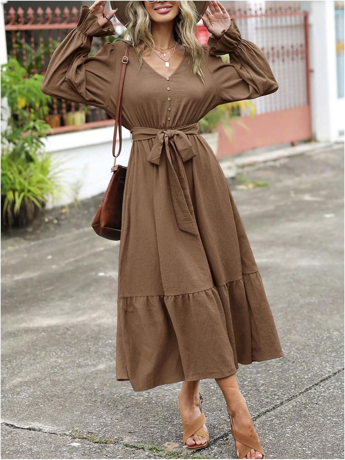 MakeMeChic Women's V Neck Flounce Maxi Dress, as you wear