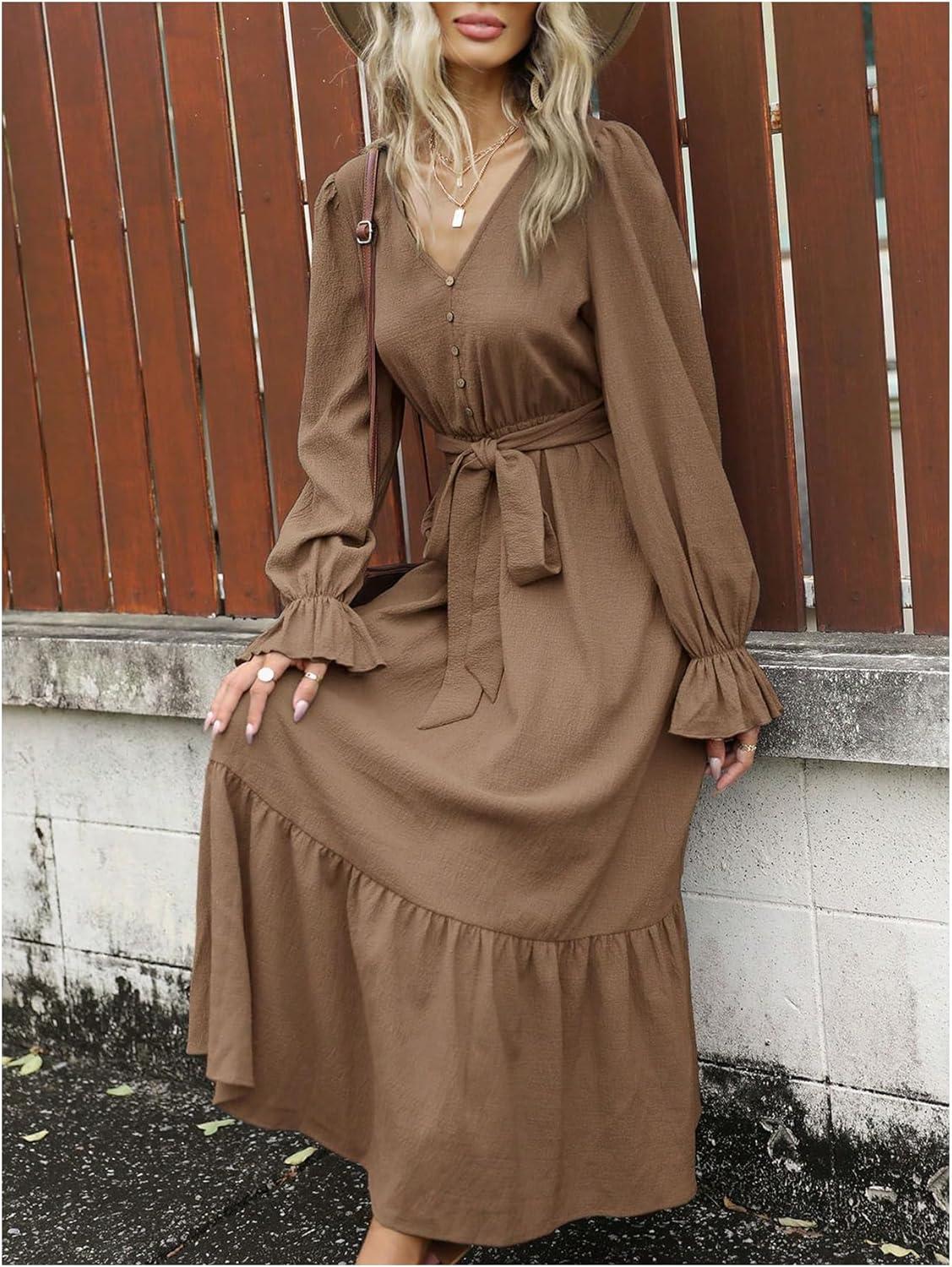 MakeMeChic Women's V Neck Flounce Maxi Dress, as you wear