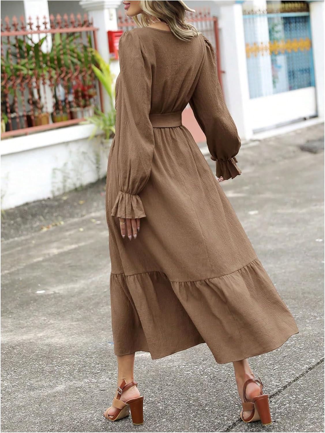 MakeMeChic Women's V Neck flounce Maxi Dress, as you wear