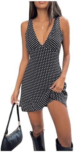 Stylish Summer V Neck Polka Dot Mini Dress in Black & white XL