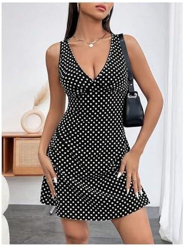 Stylish Summer V Neck Polka Dot Mini Dress in black & White XL