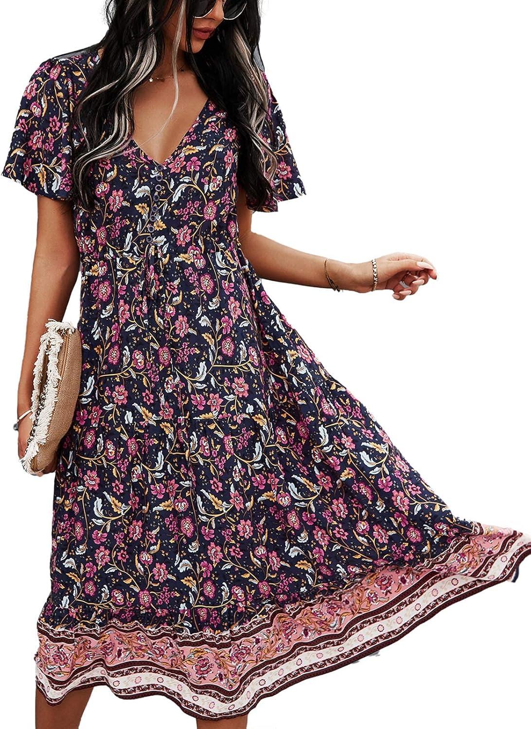 TEMOFON Women Dress: Bohemian Floral V-Neck for your day