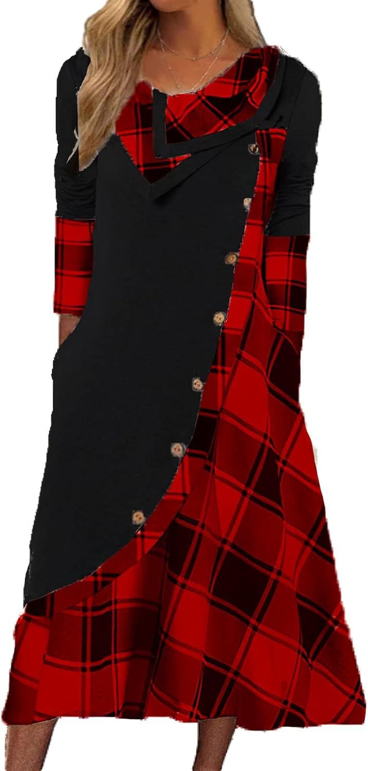 Women's Plaid Splicing Long Sleeve Maxi Dress you'll wear