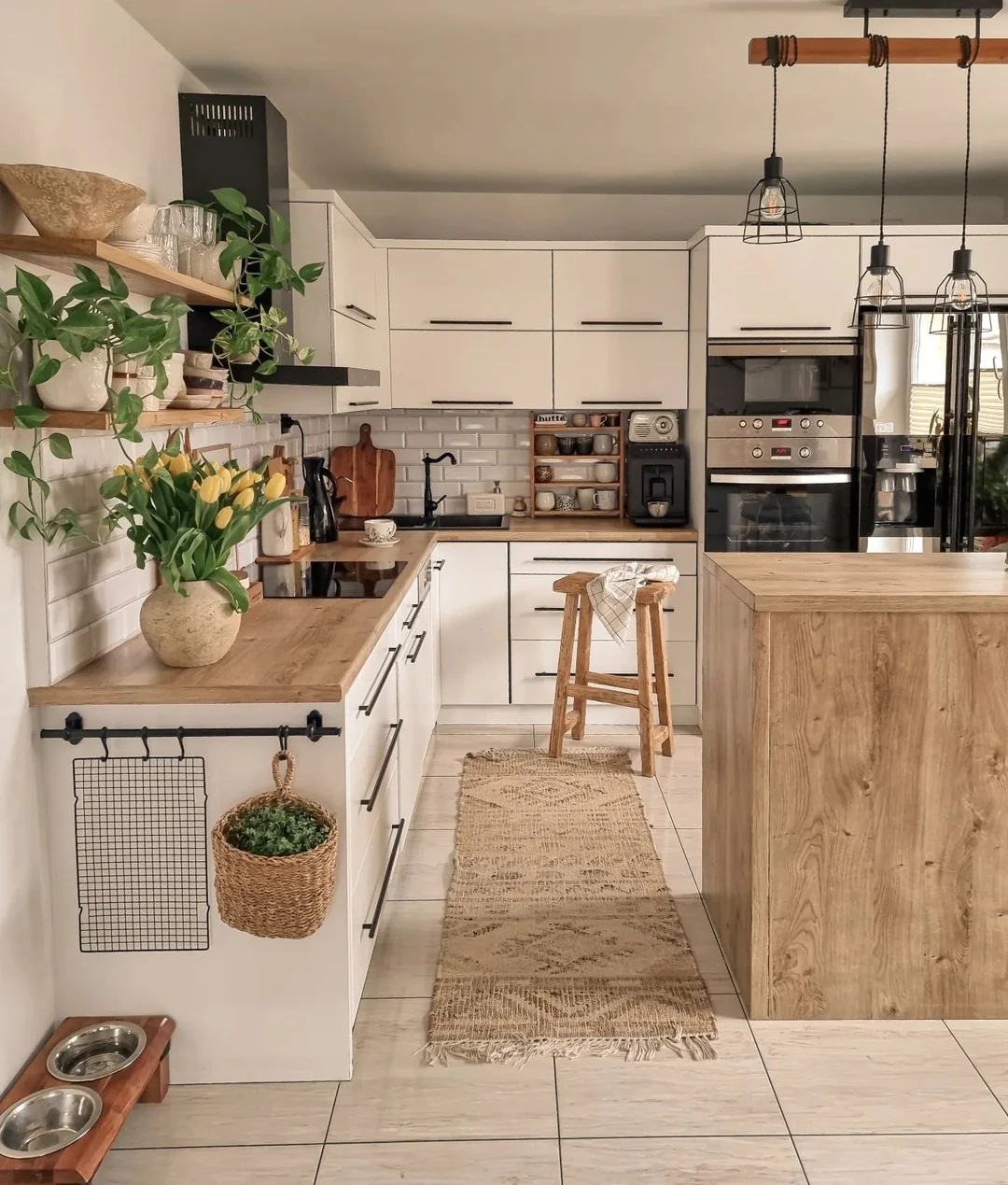 Modern Boho Kitchen with Warm Wood & Greenery