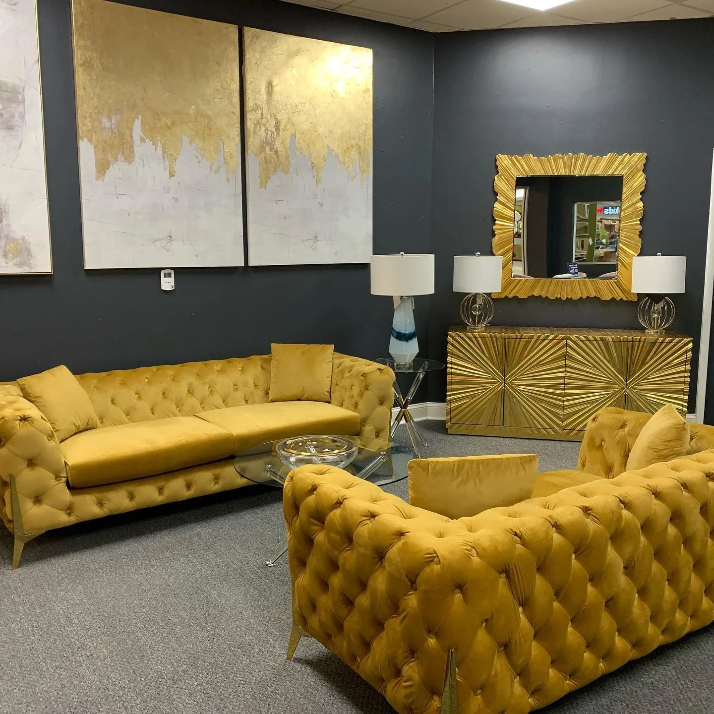 Mustard Velvet Sofa with Gold Accents