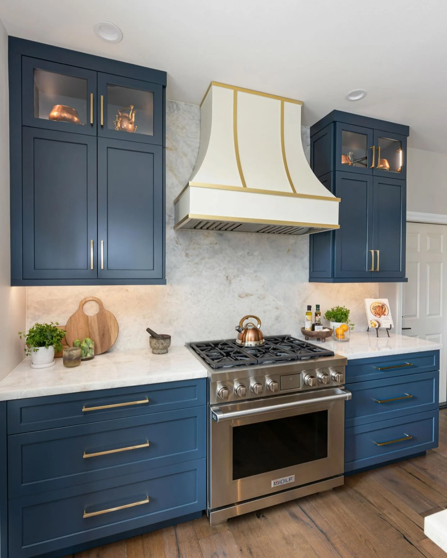 Elegant Navy Cabinets with Brass Highlights (Kitchen Cabinet Ideas)