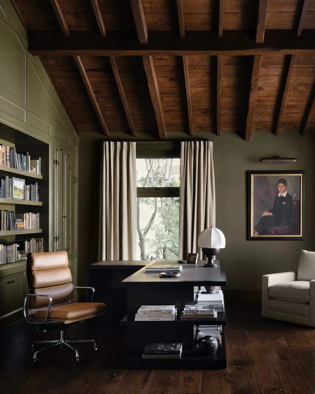 Earthy Olive and Walnut with a Bold Black Desk