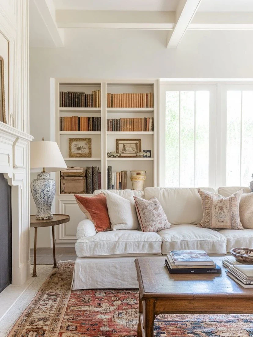 Timeless Cottage-Style Sitting Area with Soft Whites and Rust Highlights (Urban Living Room Ideas)