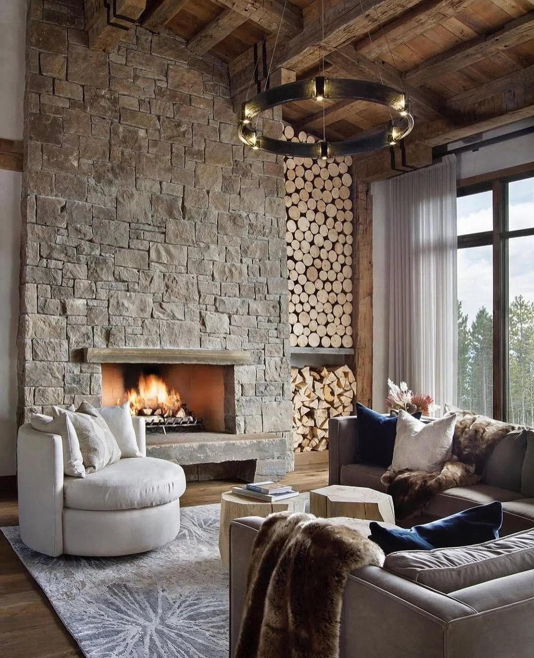 Mountain Chalet Style with Warm Grays and Natural Wood (Stone Fireplace Living Room Ideas)