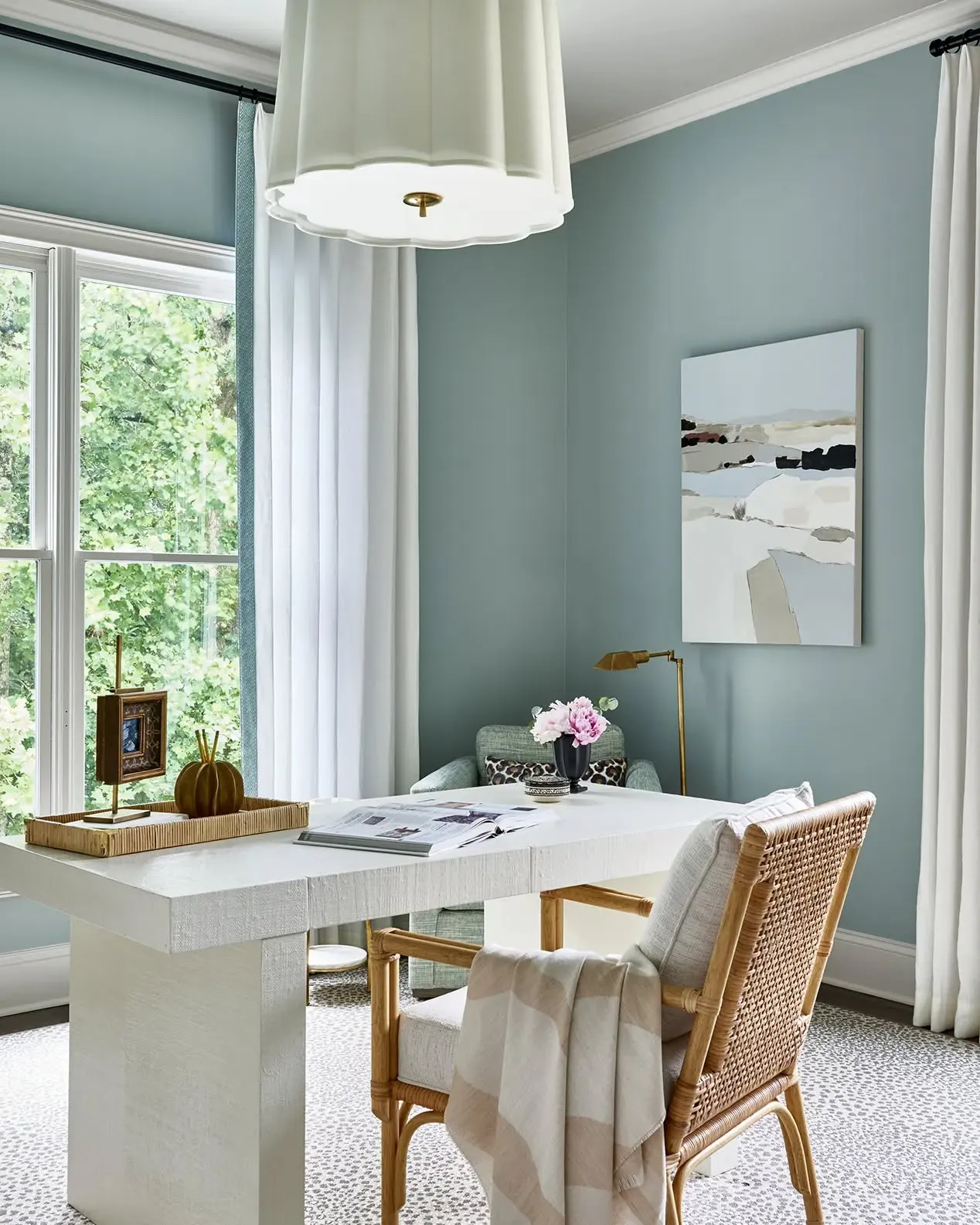 Tranquil Sage-Toned Workspace with Natural Elements