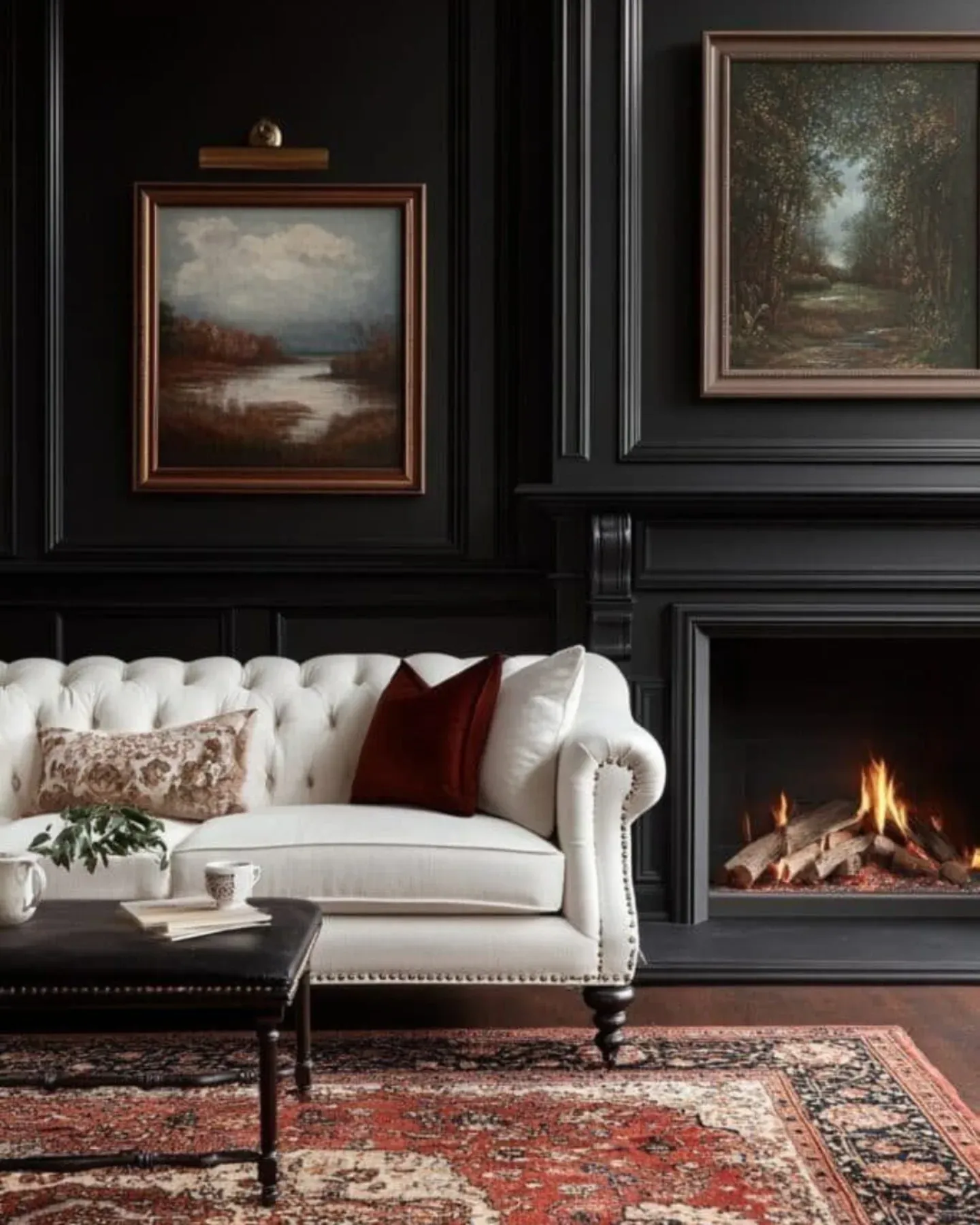 7. Classic Black Paneling with Soft Ivory Upholstery (Masculine Living Room Ideas)