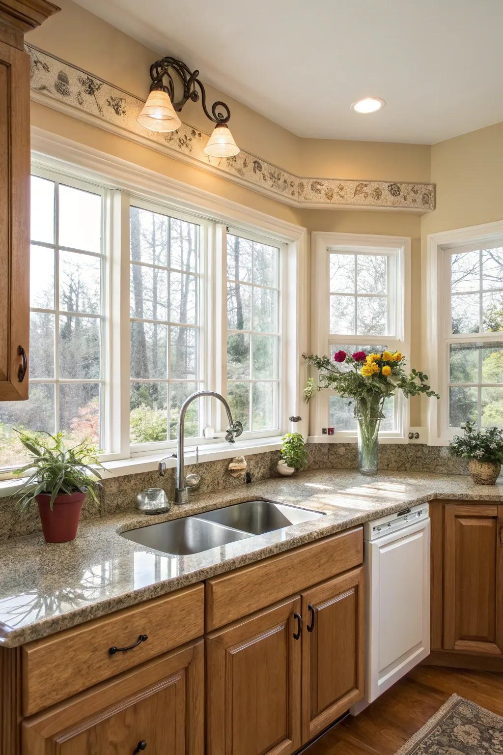 Bright nook with bow windows.