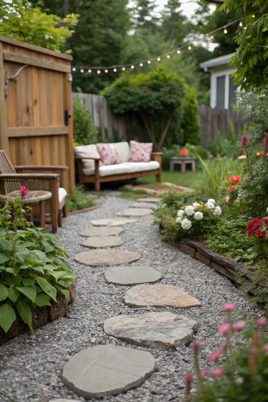 A quaint pathway adds character and structure to the space.