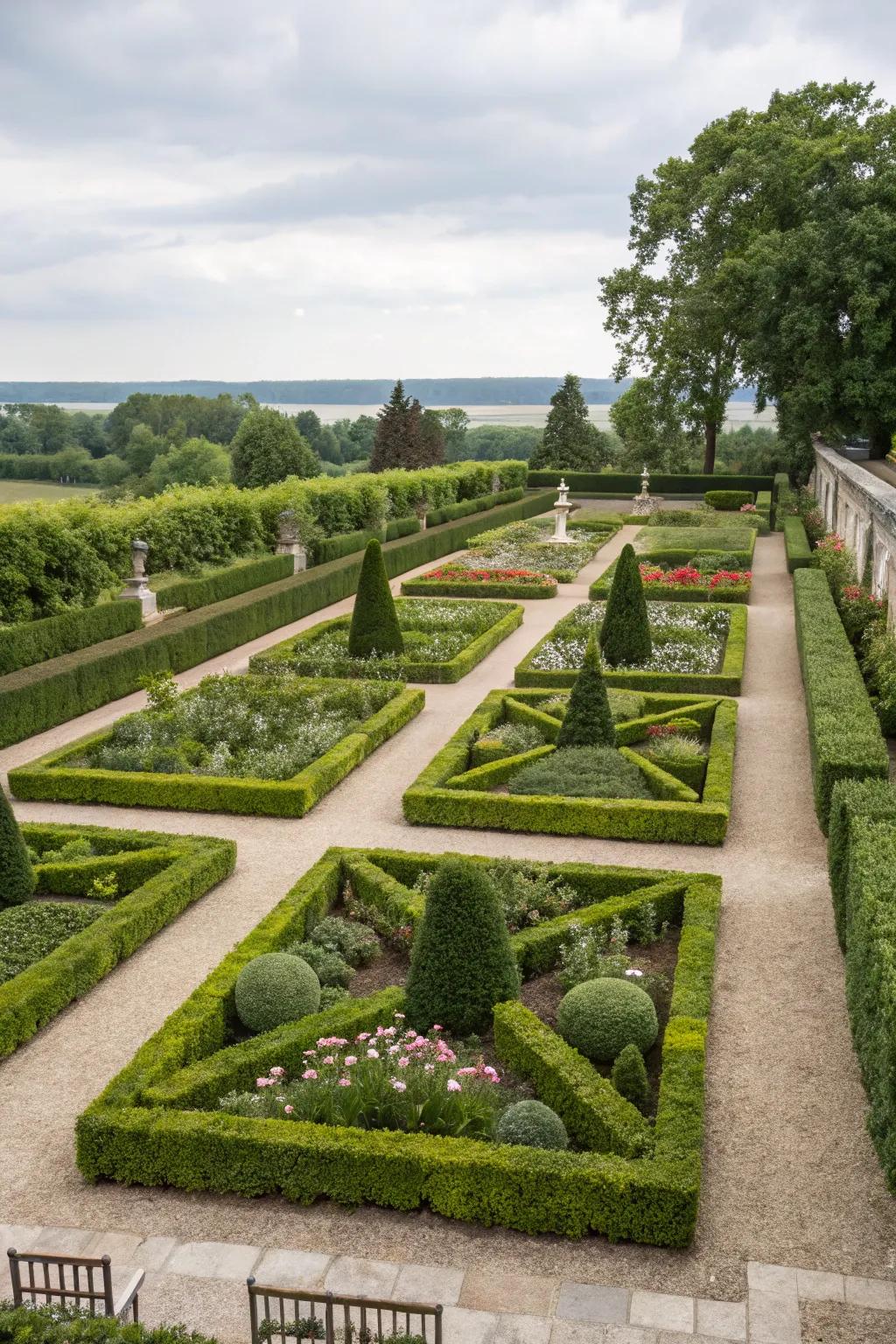 Symmetrical plant arrangements create a sense of order and elegance in formal gardens.