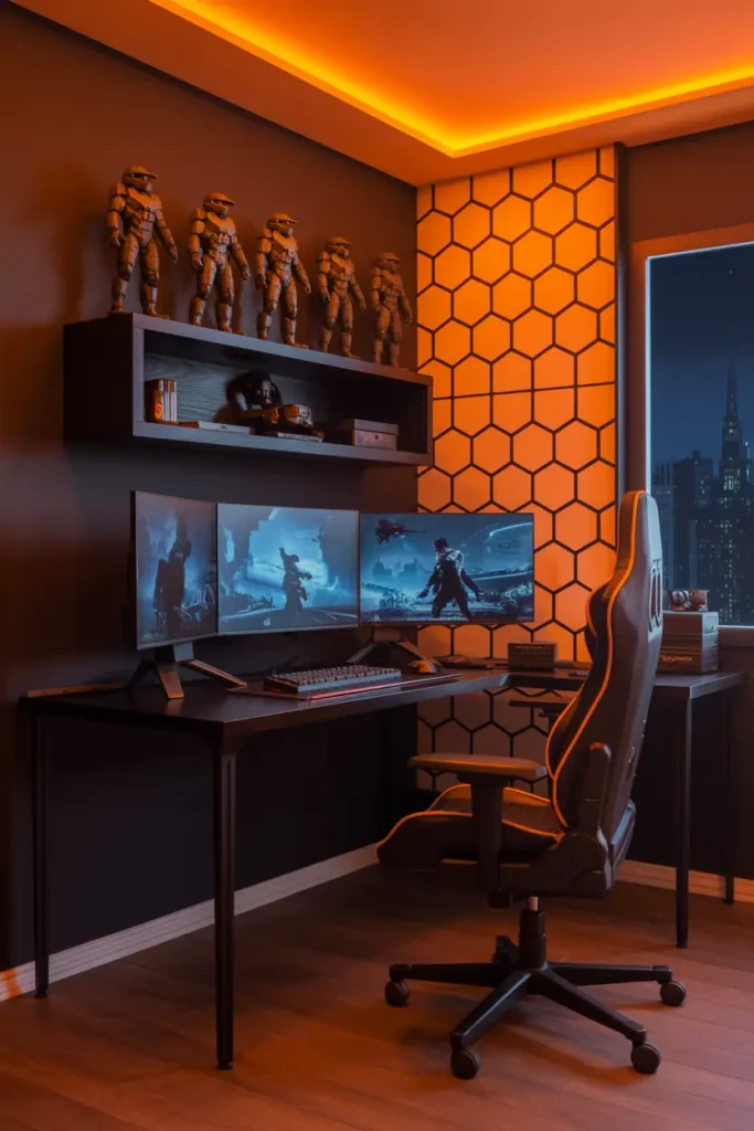 Futuristic Gaming Space with Orange LEDs
