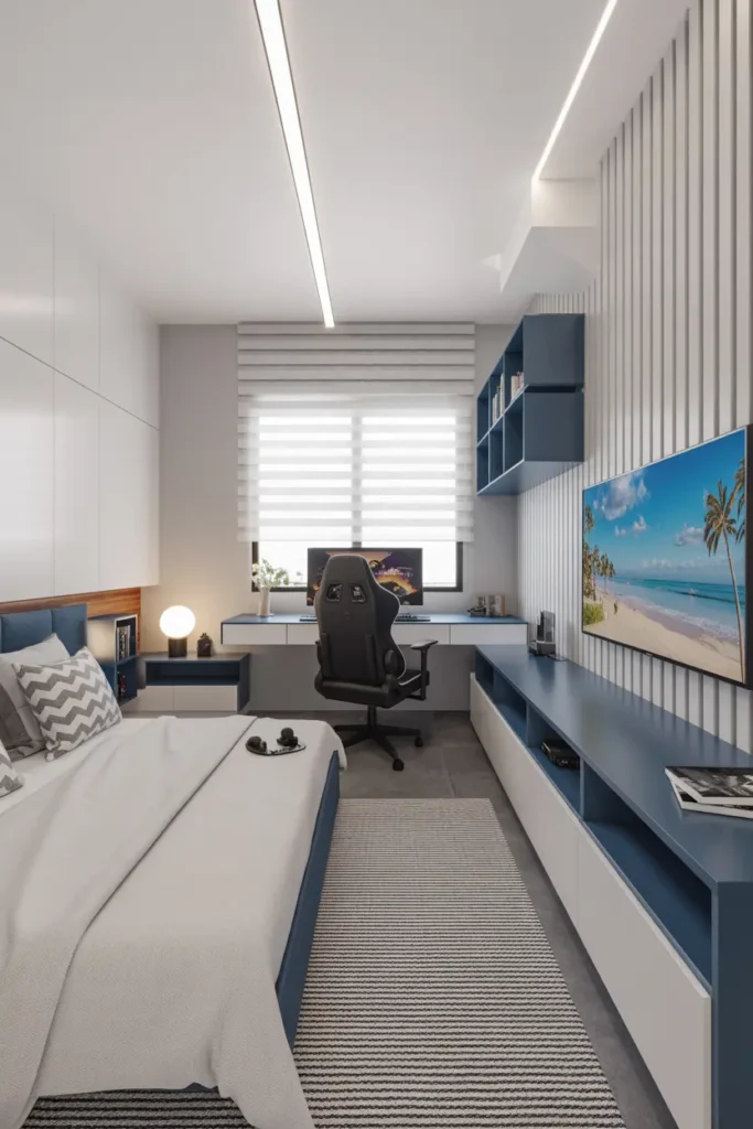 Blue-Themed Bedroom with Gaming Desk