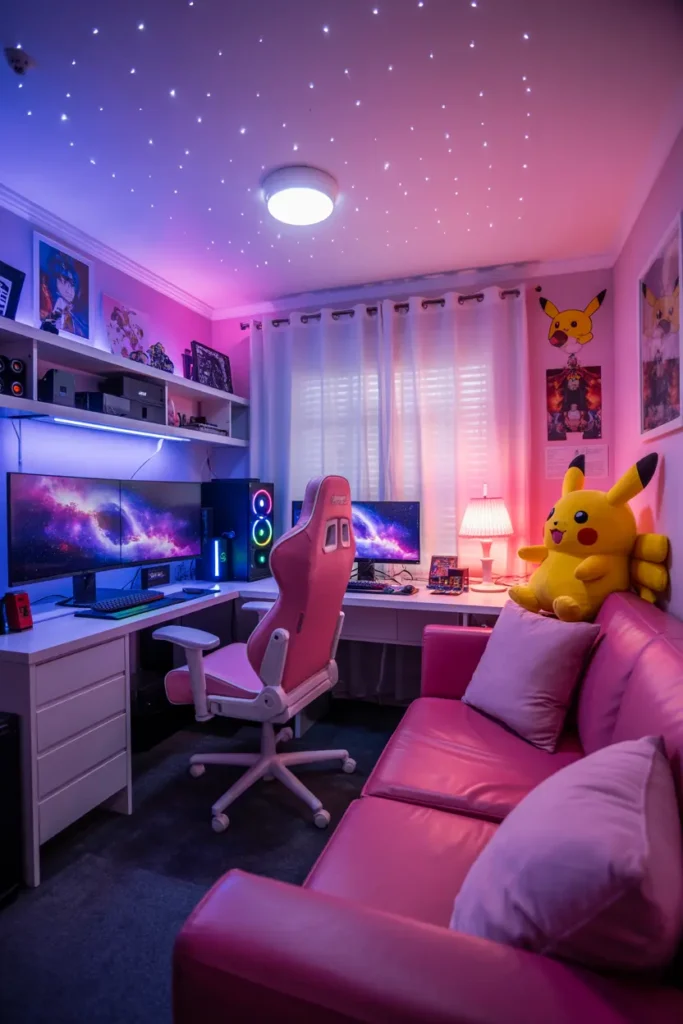 Pink Gaming Room with Star Projector Ceiling