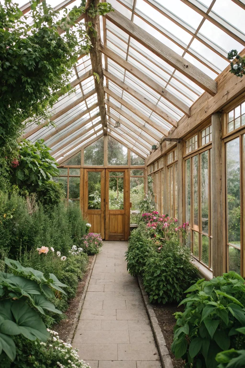 A classic wood and glass greenhouse that lets in abundant natural light.