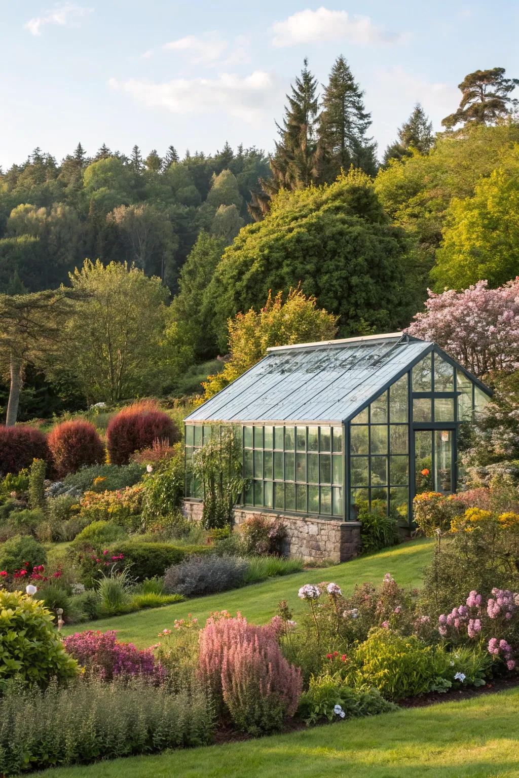 A greenhouse that blends naturally with its garden surroundings.
