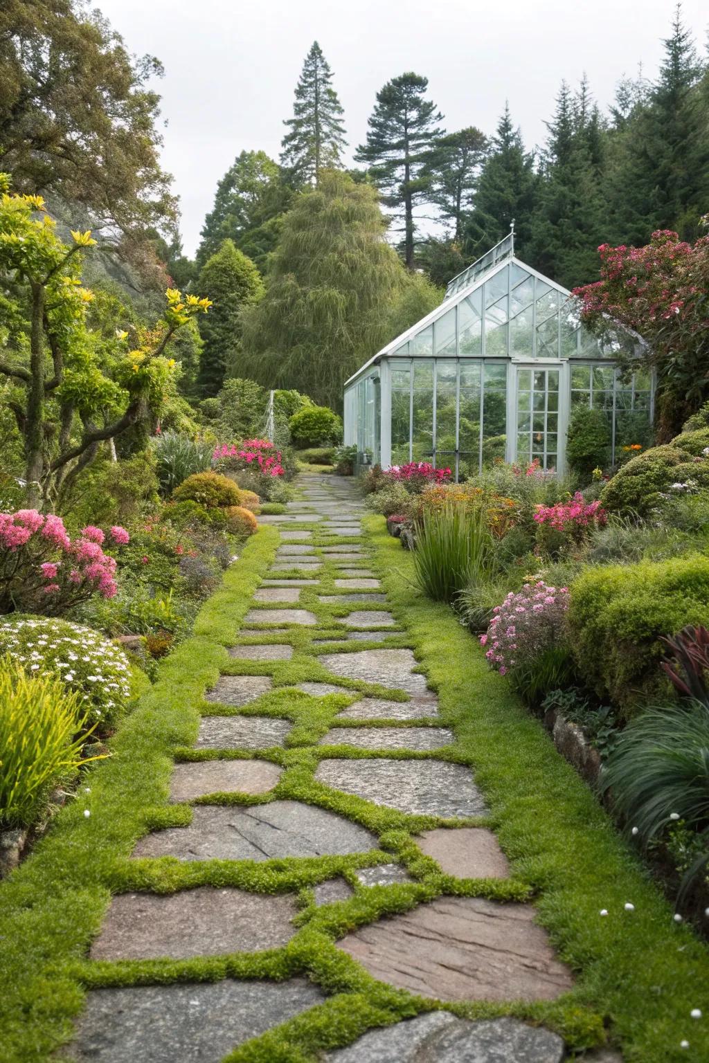 A winding garden path inviting you to explore the greenhouse.
