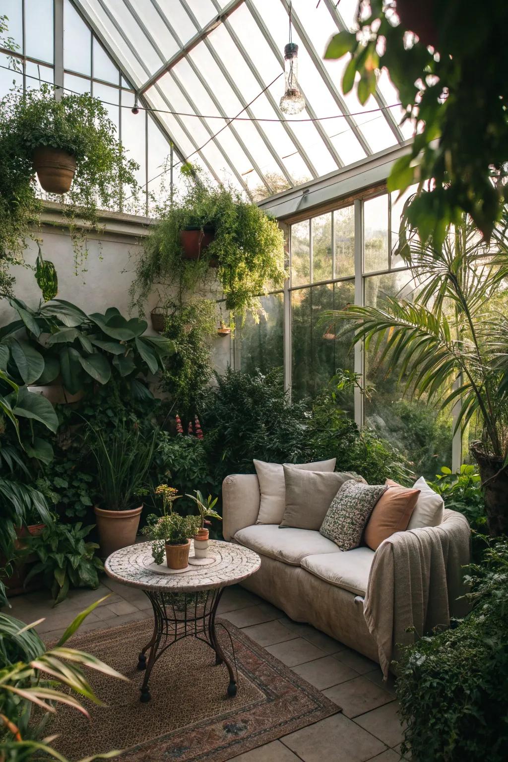 A greenhouse with a cozy seating area, perfect for relaxation.