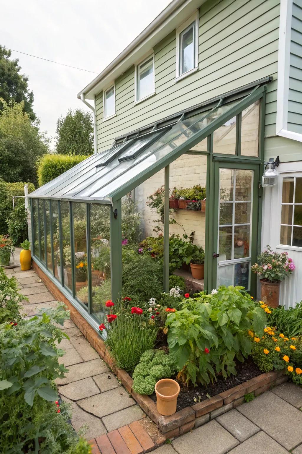 A space-saving lean-to greenhouse attached to a home.