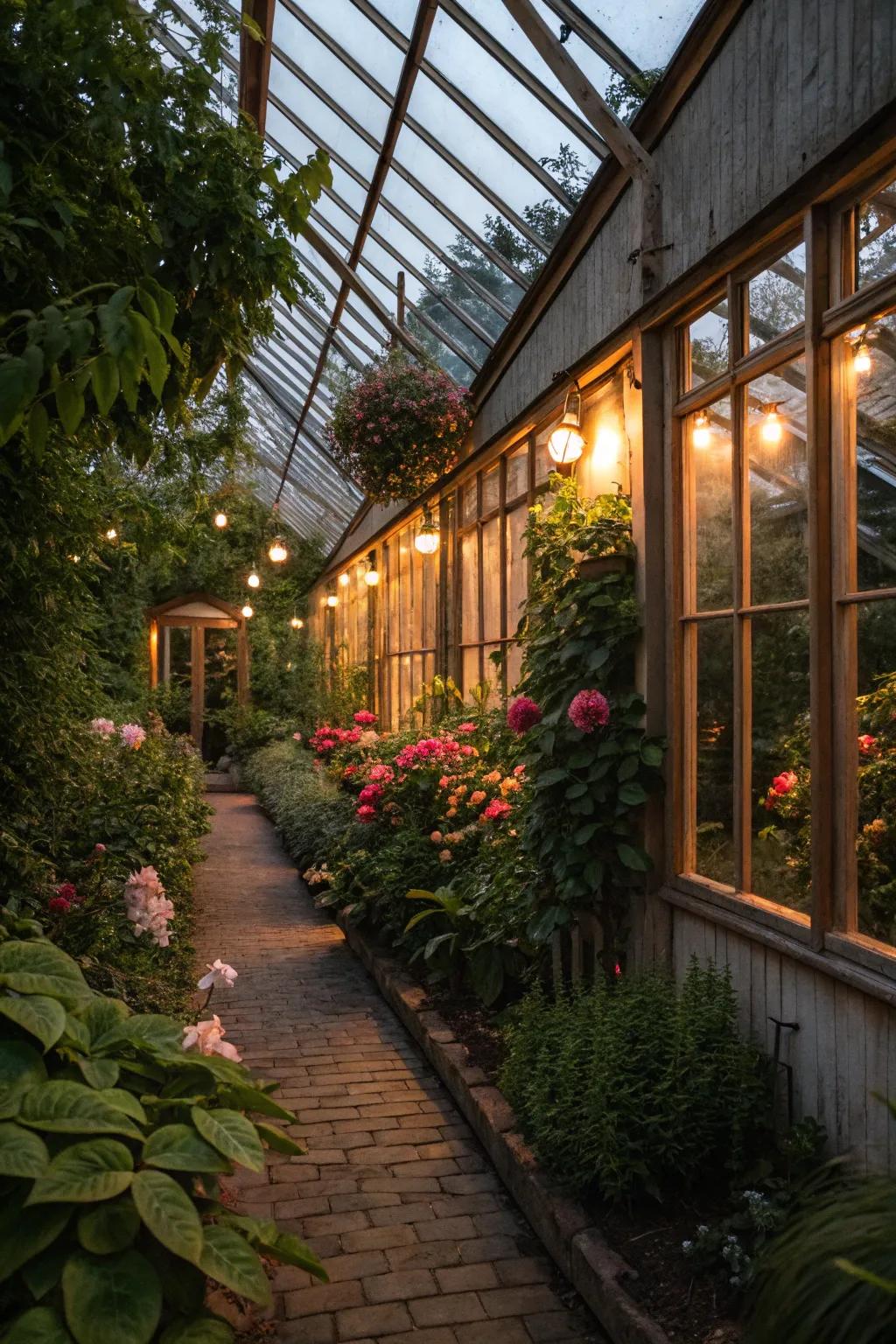 Mood lighting adds a magical touch to a greenhouse setting.