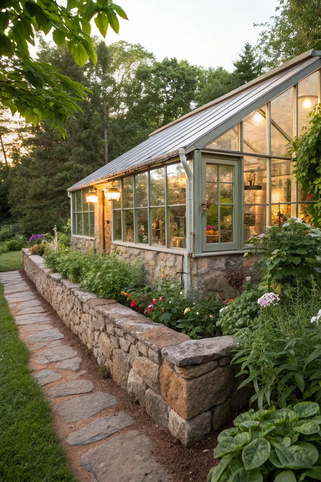 Rustic stone elements add charm to a greenhouse's exterior.
