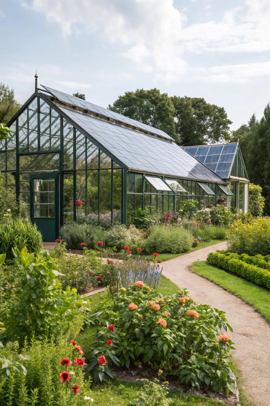 Solar panels provide sustainable energy for a greenhouse.