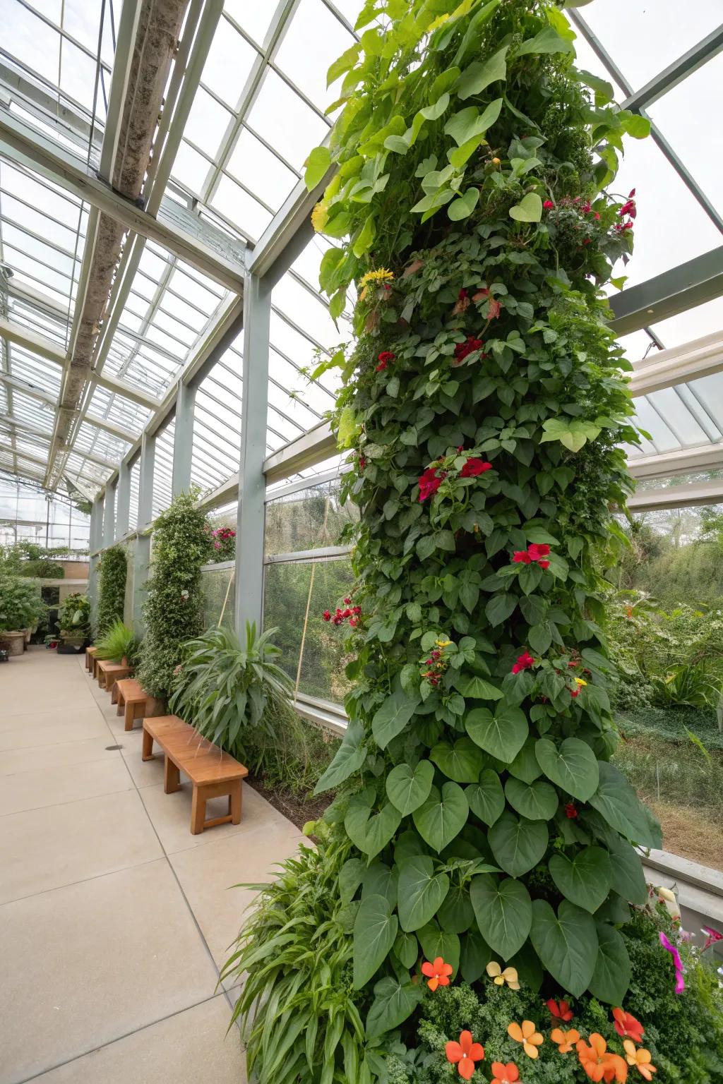 Vertical planting inside a greenhouse, creating a lush, green wall.